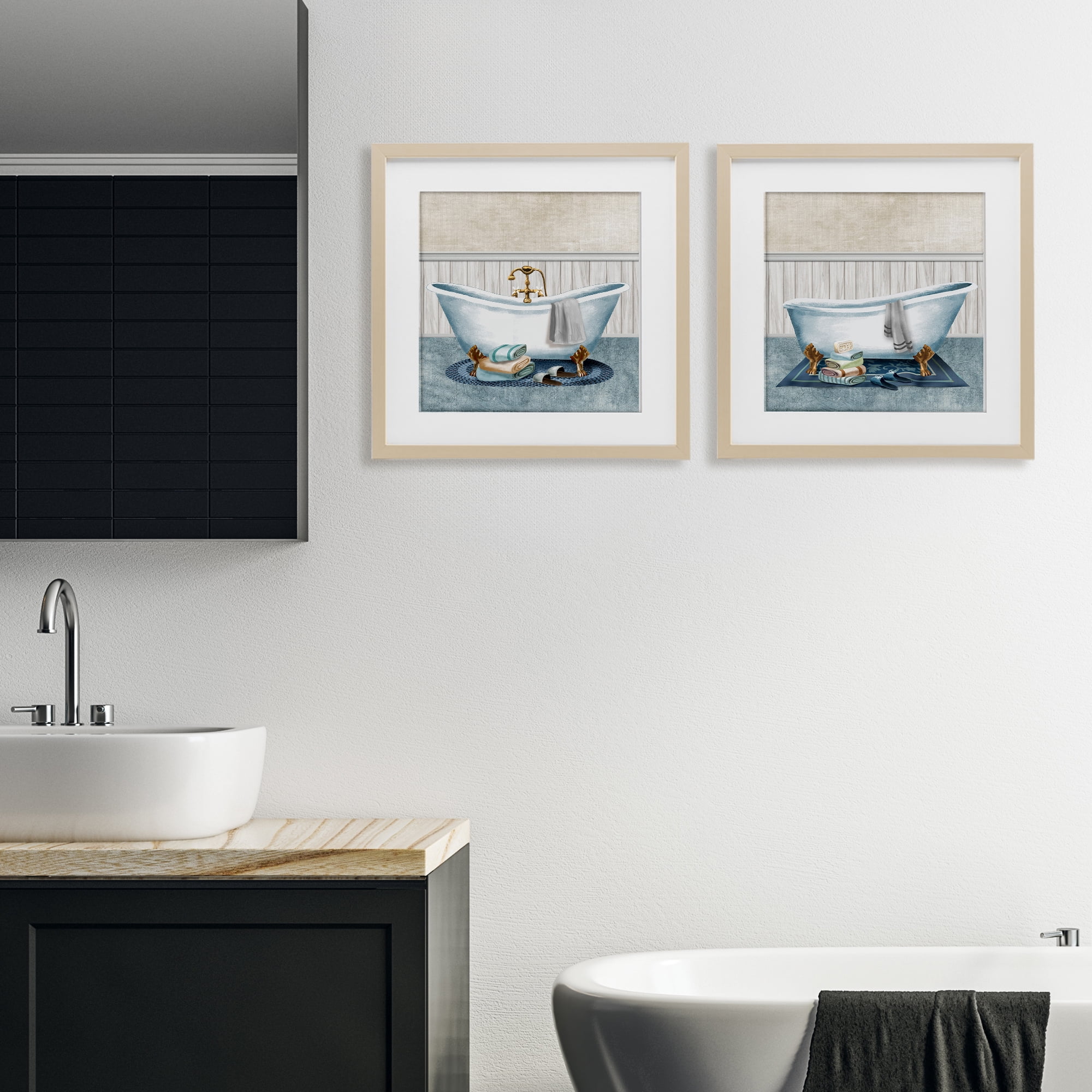Stupell Industries Cozy Bathtub & Slippers 2 Piece Birch Framed Print Under Glass Set, design by Conrad Knutsen