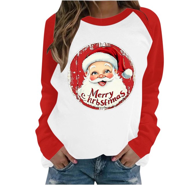 Économies d'Hiver! Chandail en Molleton pour Femmes HVOBTTY, Chandail Décontracté de Noël Imprimé à Manches Longues et Col Rond Raglan Rouge, TG