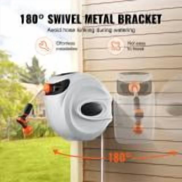 KFFKFF Retractable Hose Reel 115'x1/2" Wall-Mount Hose Reel with 180° Swivel, 9-Setting Nozzle, Auto Rewind, Length Lock, Controlled Retraction