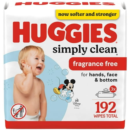 Huggies Simply Clean Fragrance-Free Baby Wipes, 3 Flip-Top Packs (192 Wipes Total)