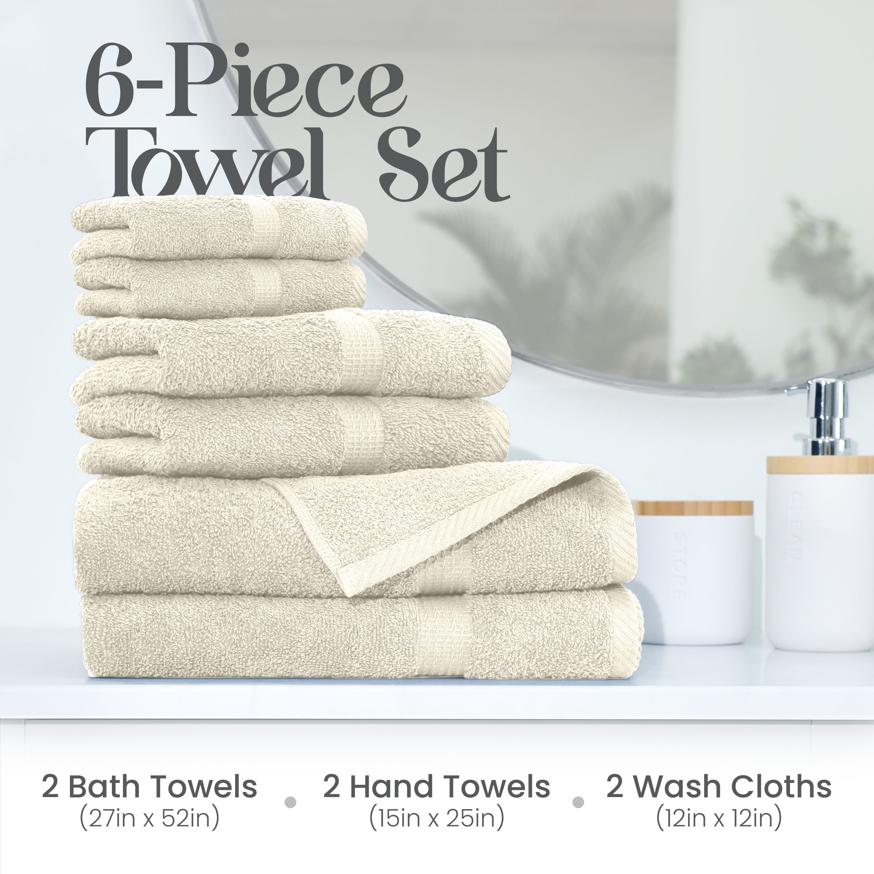 Utica 6-Piece Towel Set | 100% Cotton Soft & Absorbent Everyday Towels | Ivory