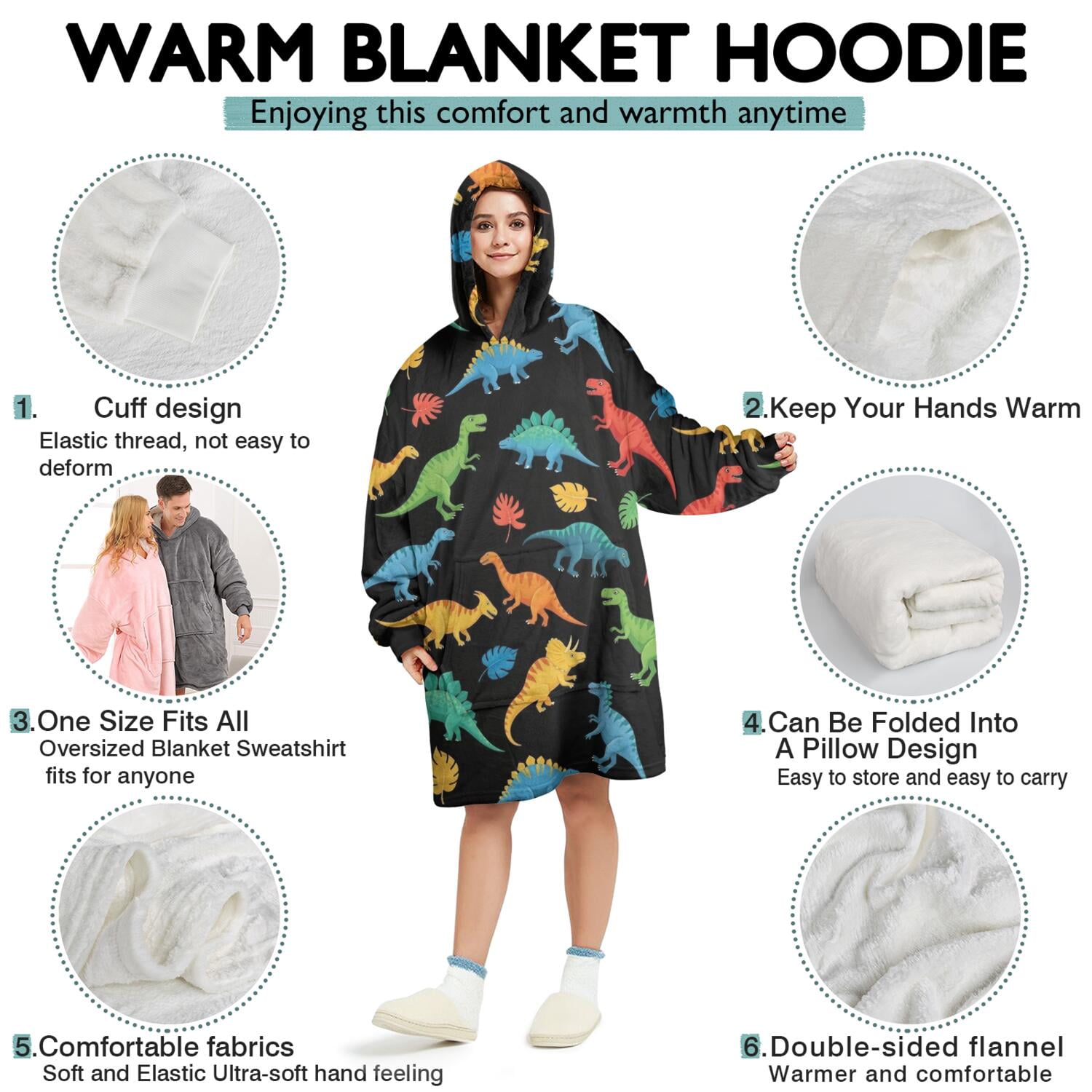 Wearable Oversized Blanket,Black Cartoon Dinosaurs Colorful Leaves Pattern Wearable Blanket Hoodie for Adults,Cozy Hooded Blankets with Super Pockets,Super Warm Fuzzy Pullover for Women & Men