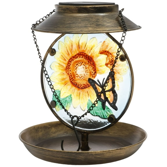 Threns Decorative Solar Bird Feeder Iron and Glass Solar Hummingbird Feeder with Hand Painted Pattern for Yard Patio Garden Outdoor