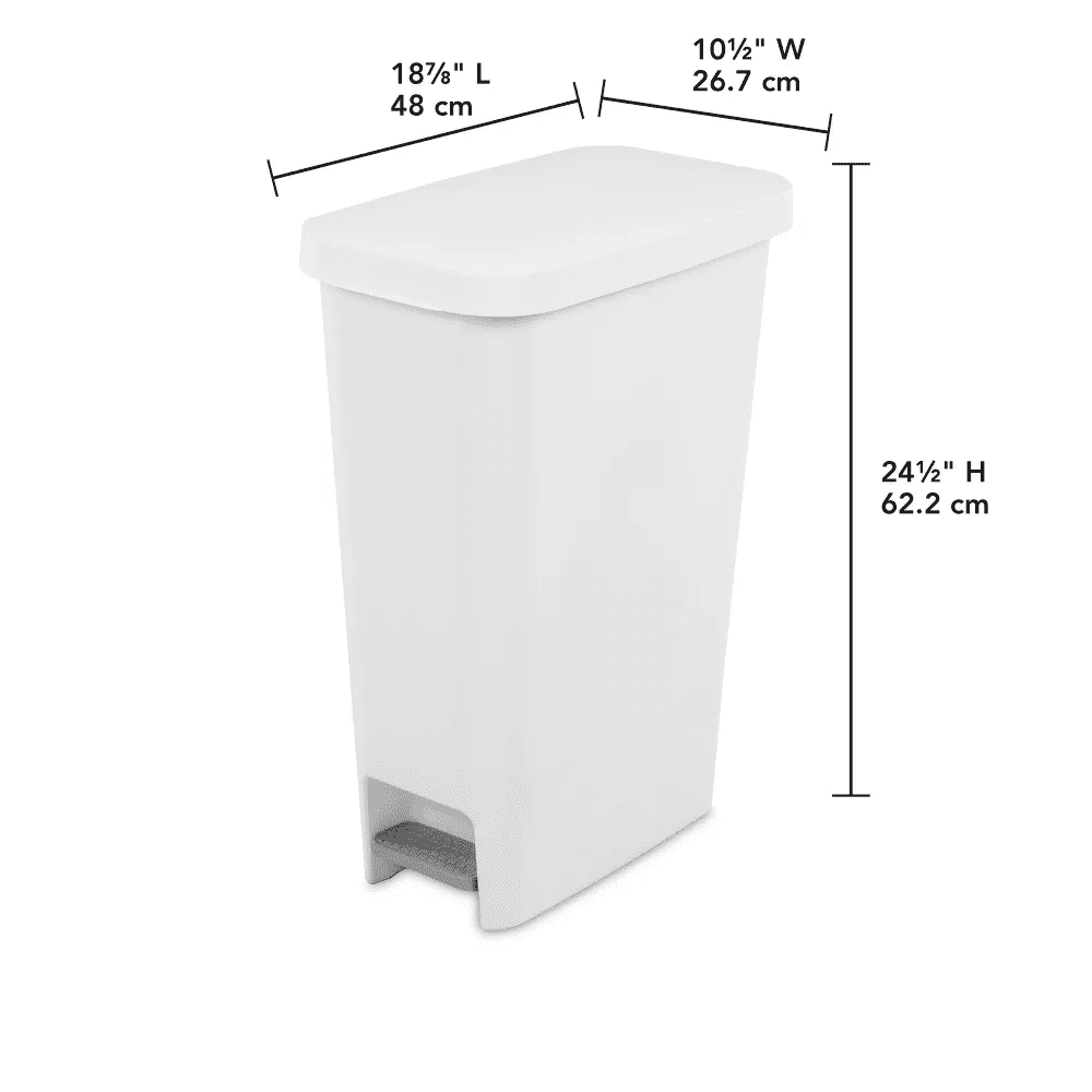 11 Gallon Slim Step Trash Can White, Pedal-Operated Hands-Free Kitchen Garbage Bin, Textured Plastic Wastebasket for Narrow Spaces, Stay-Open Lid, Easy Clean
