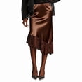 thumbnail image 2 of Women Lace Trim Satin Long Skirt Silk Lace Skirt Elegant Flowy A Line Midi Underskirt Brown M, 2 of 8