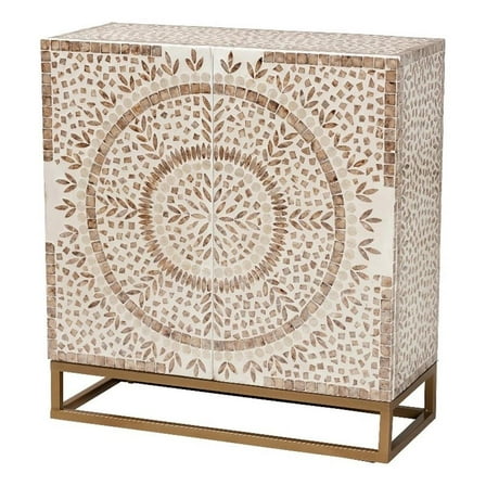 Pemberly Row Wood & Mother of Pearl Storage Cabinet in White and Brown