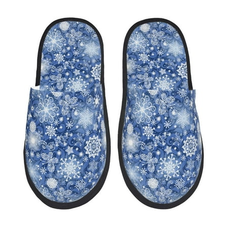 Balery whiet Snowflake blue background Slient Indoor Furry Fleece Comfort House Shoes Soft Non-Slip Home Shoes Cotton slippers House Slippers-- Medium