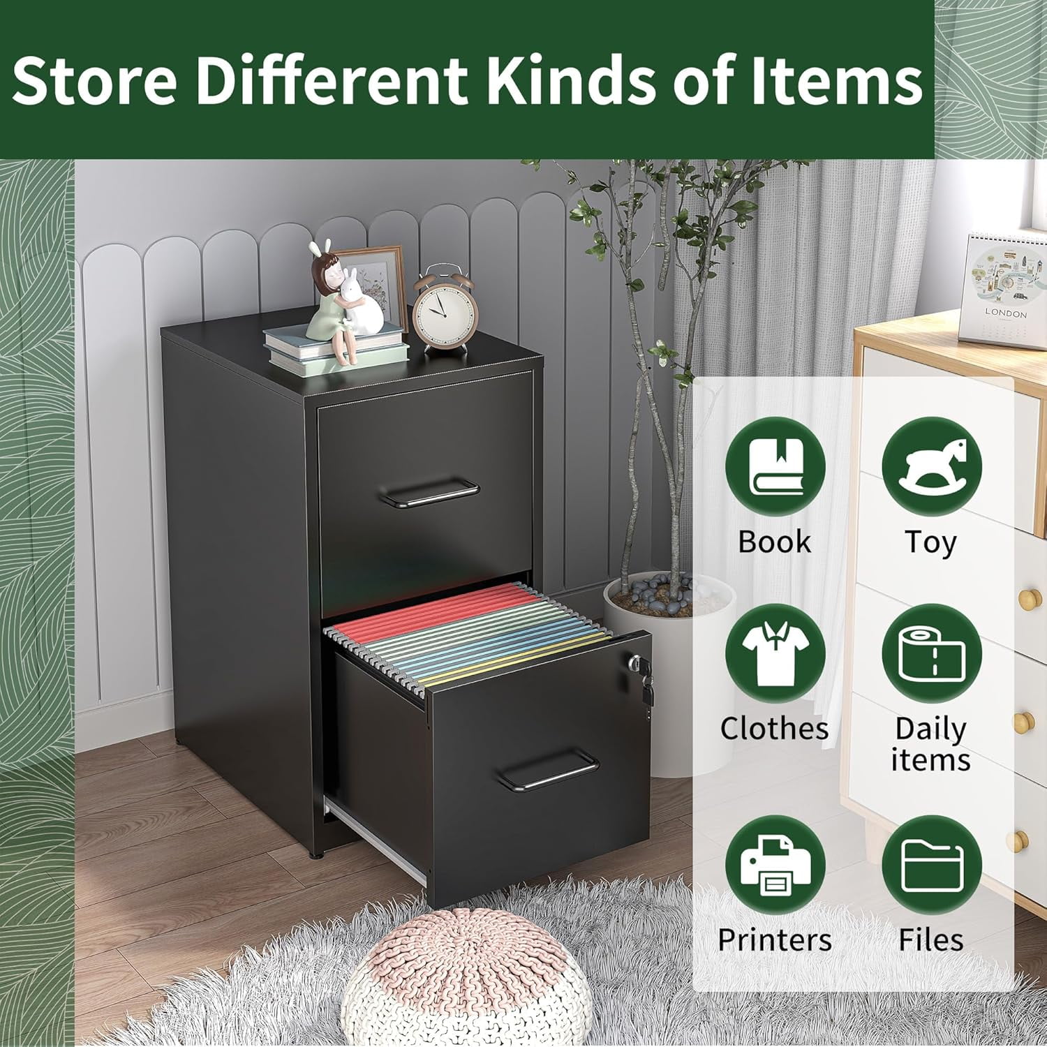 2 Drawer File Cabinet with Lock, Vertical Filing Cabinet for Home Office, Heavy Duty Storage Cabinet for Letter Size, Assembly Required(Black)