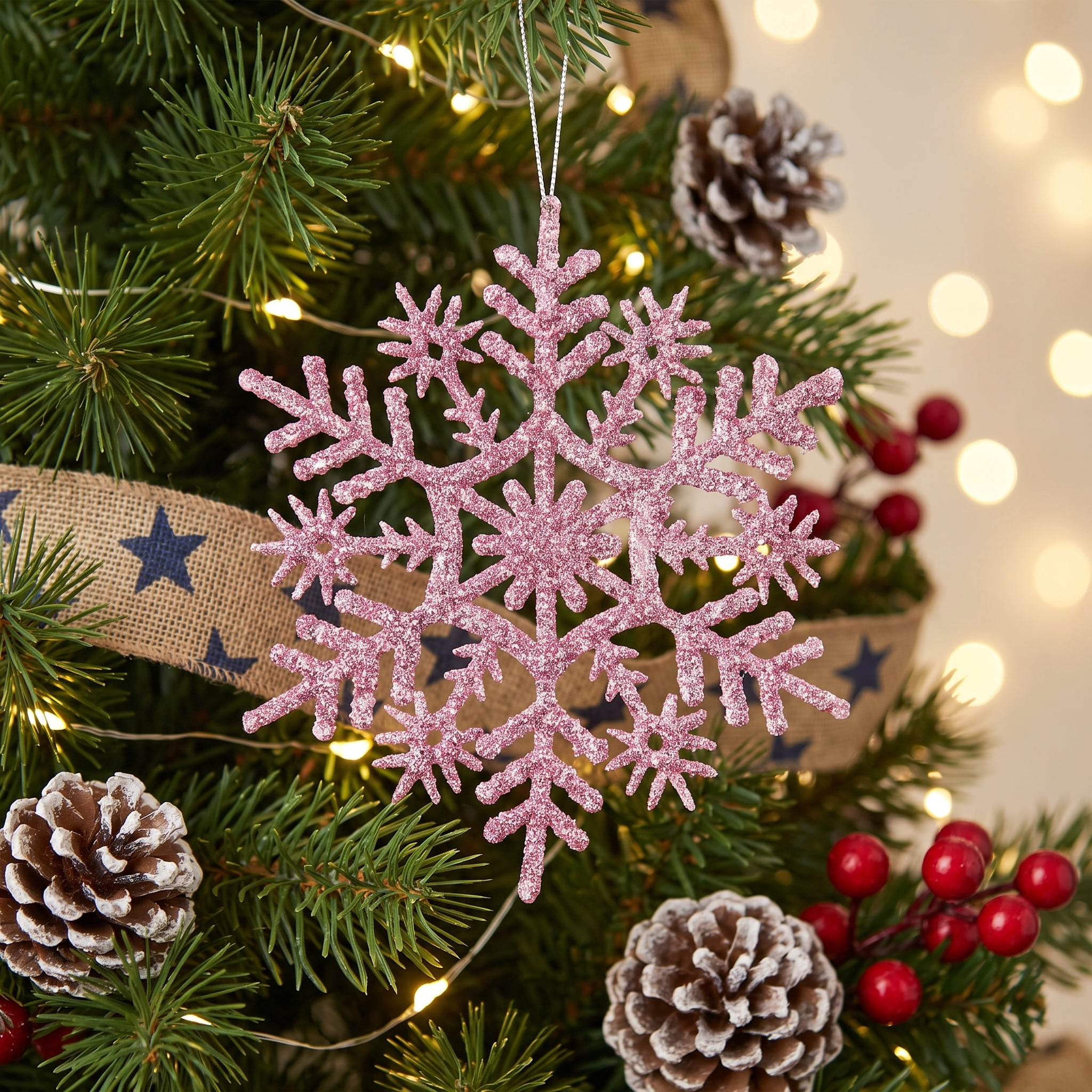 20-Count Pink Glitter Snowflake Christmas Ornaments, 3.9", by Holiday Time