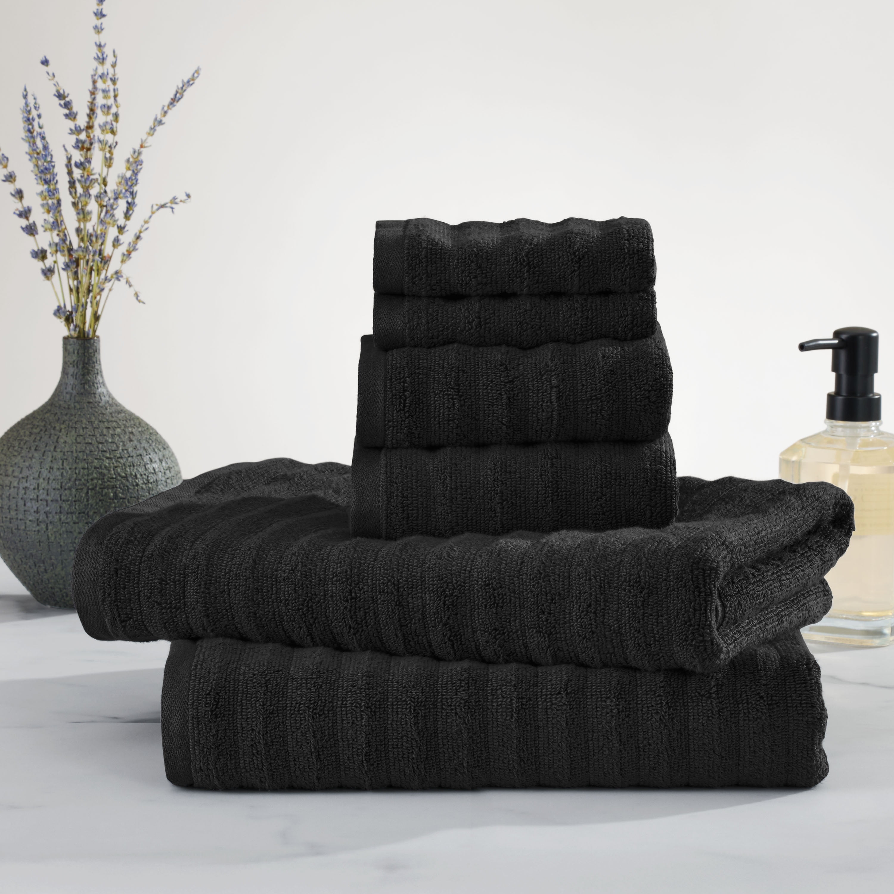 Mainstays Performance Cotton 6-Piece Bath Towel Set, Super Soft Quick Dry Fade Resistant, Textured Black