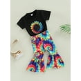 thumbnail image 3 of Genuiskids Toddler Baby Girl 2Pcs Summer Bell-bottoms Outfits Short Sleeve Sunflower Print T-shirt Tops + Tie-Dye Flare Pants Set, 3 of 9