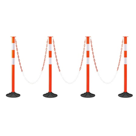 KFFKFF 4 Pack Traffic Delineator Posts, 34 in Safety Cones with Weighted Base, Reflective Strips and Chain, Durable Posts for Construction Sites, Parking Areas, and Crowd Management, Red