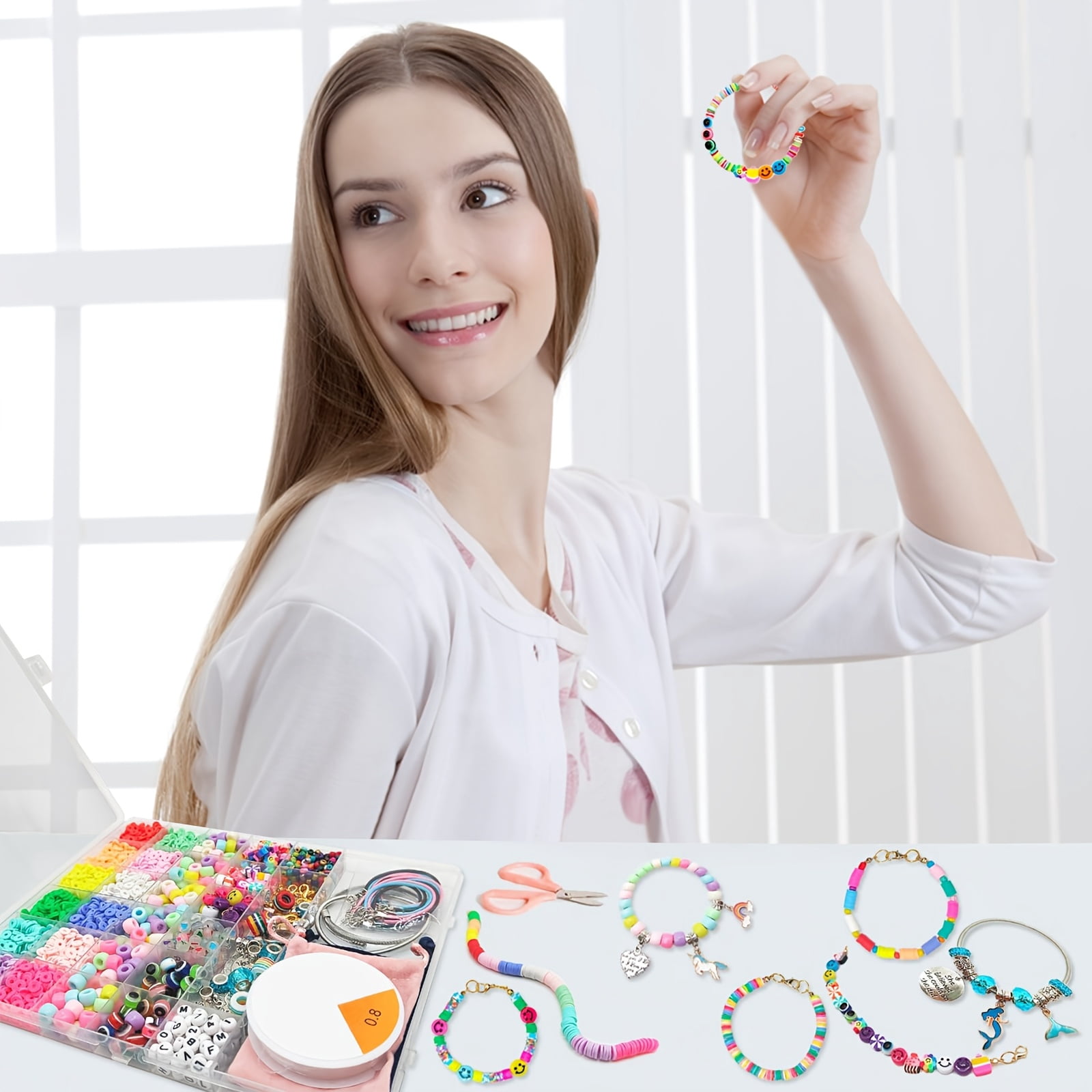 Bracelet making kit with unicorn, mermaid, letter and rainbow beads, plus DIY jewelry making tutorial. Complete charm bracelet set, creative birthday and Halloween gift with manual-like instructions.