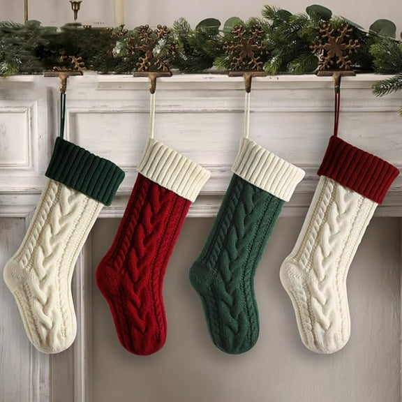 4 Pack Christmas Stockings 18 Inches Large Size Cable Knitted Stocking Gifts Christmas Decorations for Family Holiday Xmas Party, Burgundy&Ivory&Green