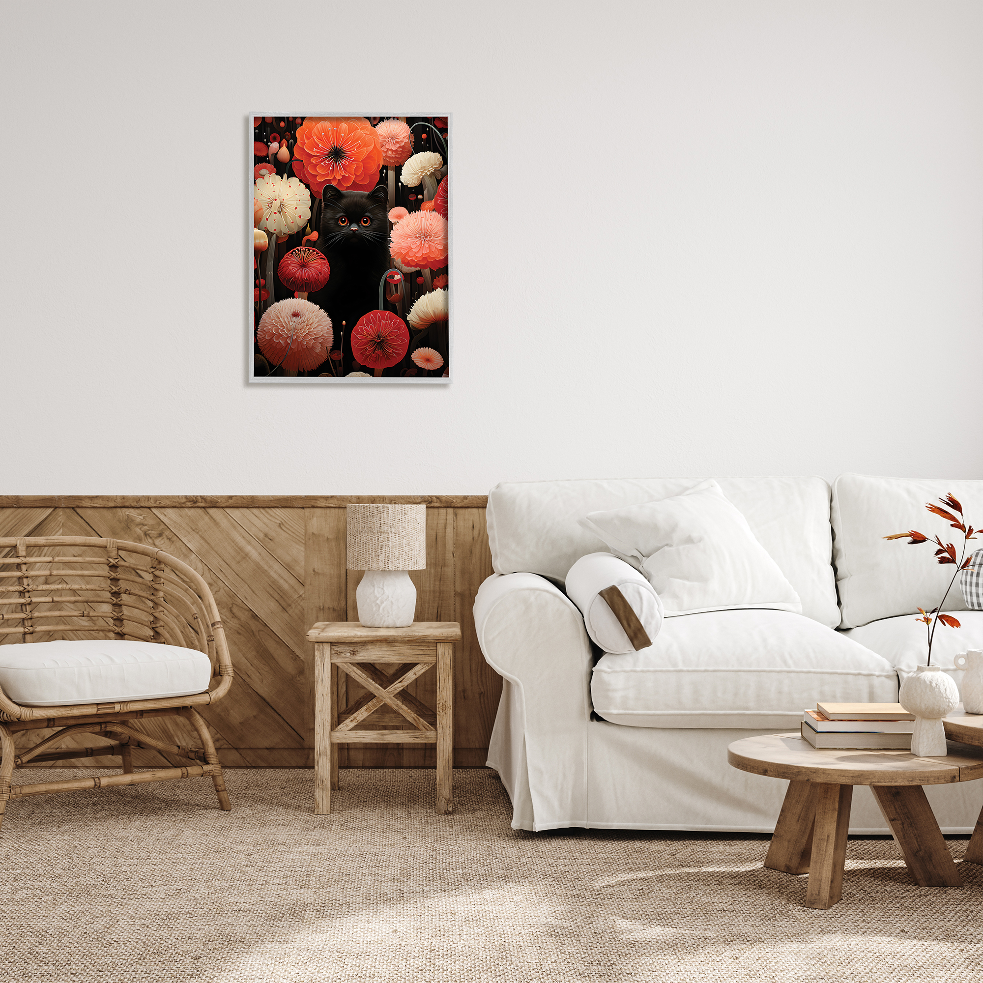 Stupell Industries Black Cat Among Dahlias Animals & Insects Painting Gray Framed Art Print Wall Art, 24 x 30