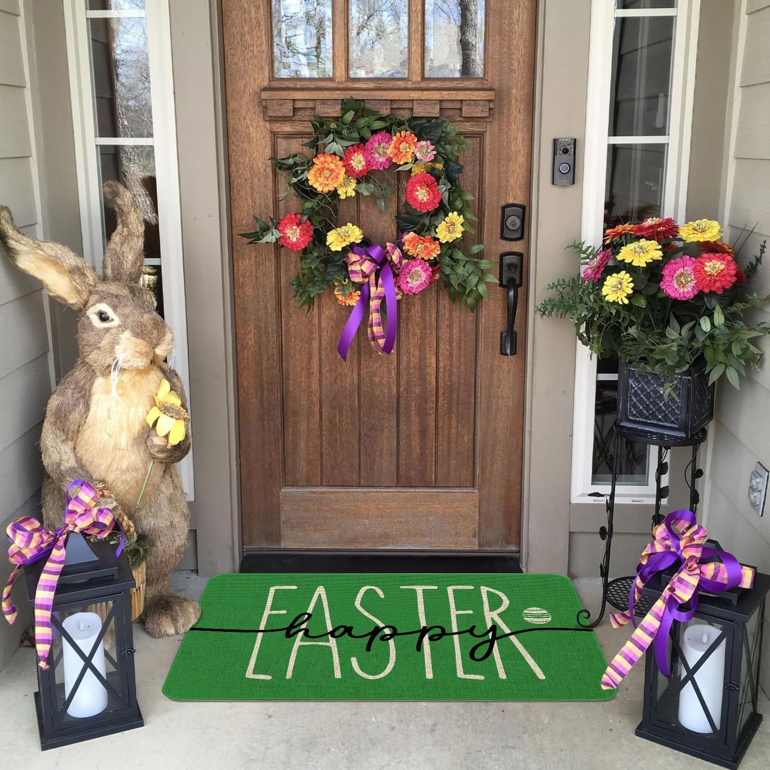 Happy Easter Door Mat Funny Text Indoor mat, Green Holiday Spring Creative Decorative Seasonal Burlap Welcome Floor Mat Switch Mat for Outdoor 17 x 30 in