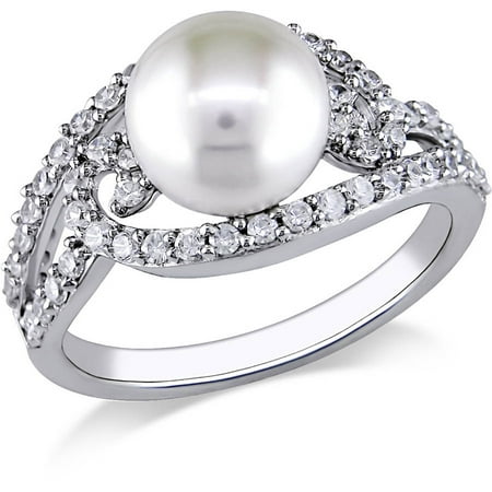 8.5-9mm White Cultured Freshwater Pearl and 1 Carat T.G.W. CZ Sterling Silver Cocktail Ring