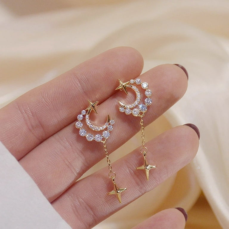 WNG Star Moon Diamond Earrings Women Fashion Trend Zircon Gold