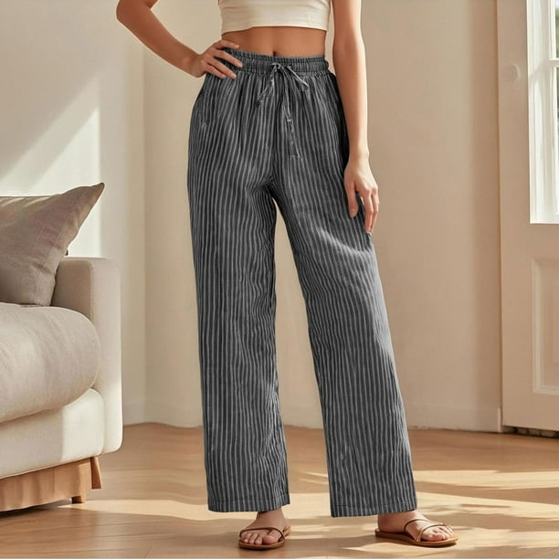 WILLBEST Pantalones Casuales de Verano para Mujer, con Rayas, Cintura Alta, Patchwork, Bolsillos Colgantes, Pierna Recta, Pantalones de Traje Casuales para Mujer Moderna Mediana