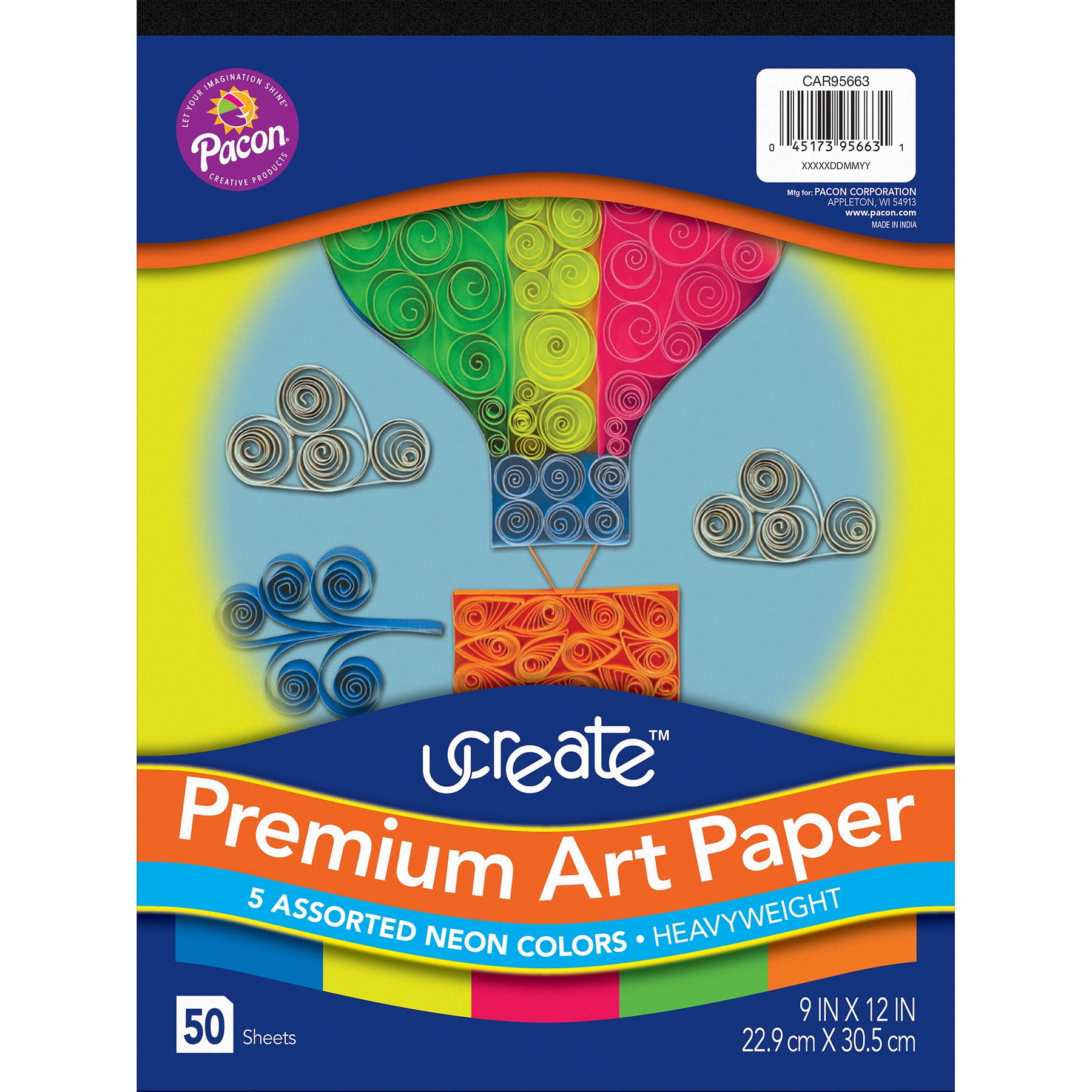 UCreate Premium Neon Art Paper Pad, 5 Assorted Colors, 9" x 12", 50 Sheets, Pack of 3