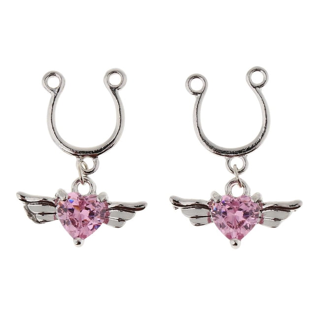 2Pcs Crystal Heart Dangle Nipplering de acero inoxidable No piercing Rosa Rosado SM SunniMix Anillo falso del perno prisionero del pezón