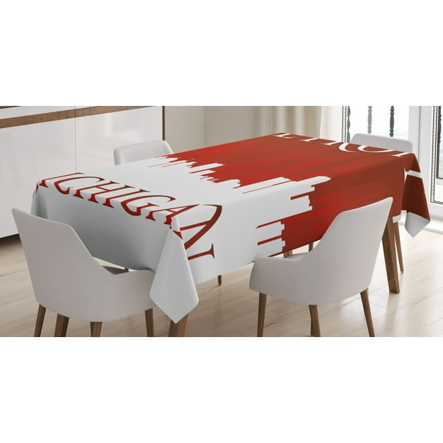 Detroit Decor Tablecloth, Michigan City Silhouette Red and White Composition Classical