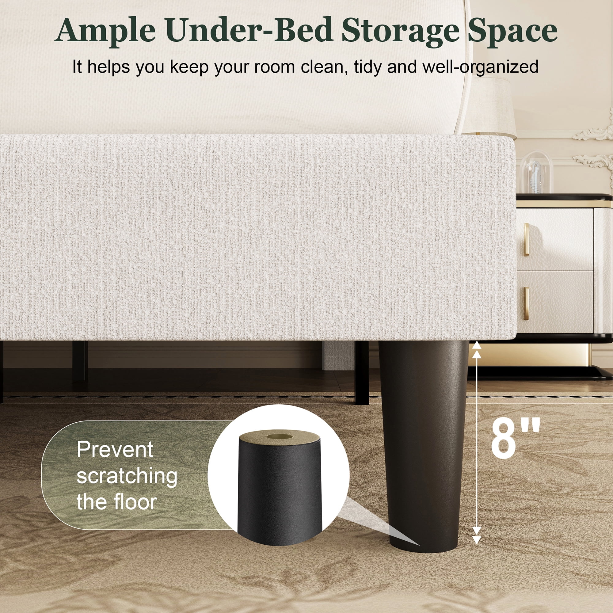 Amolife Queen Bed Frame, Platform Bed Frame with Upholstered Adjustable Headboard, White, Nubby Fabric