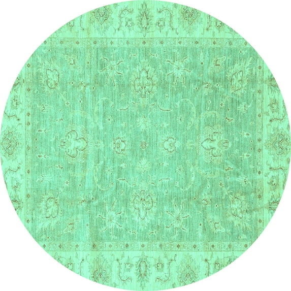 Ahgly Company Machine Washable Indoor Round Oriental Turquoise Blue Traditional Area Rugs, 7' Round