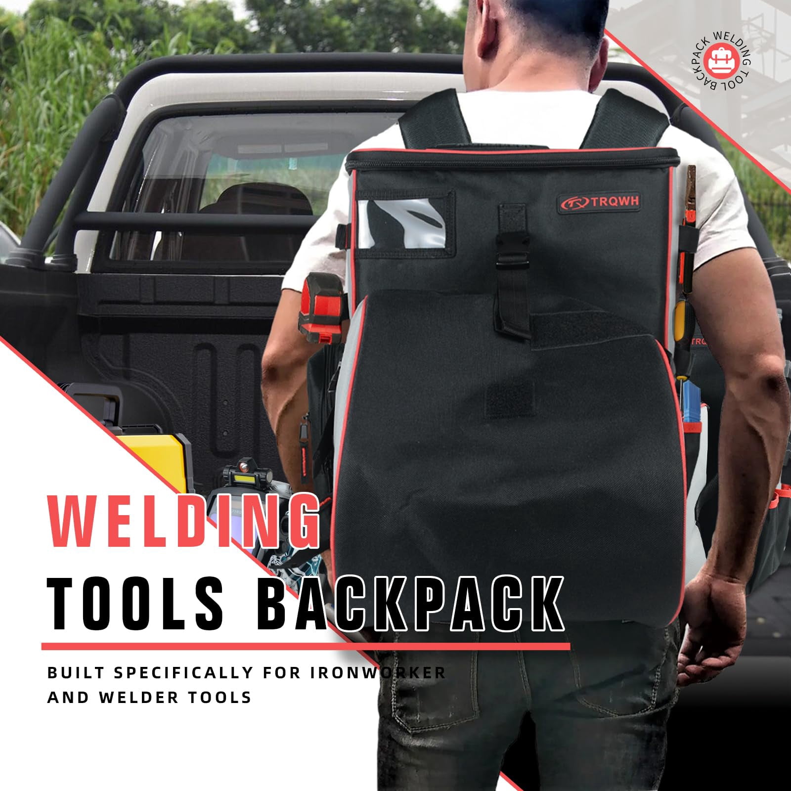 TRQWH Welding Backpack for Men Waterproof Reinforced Bottom Large Capacity Extreme Gear Pack with Helmet Catch Multipurpose Welding Tools Backpack