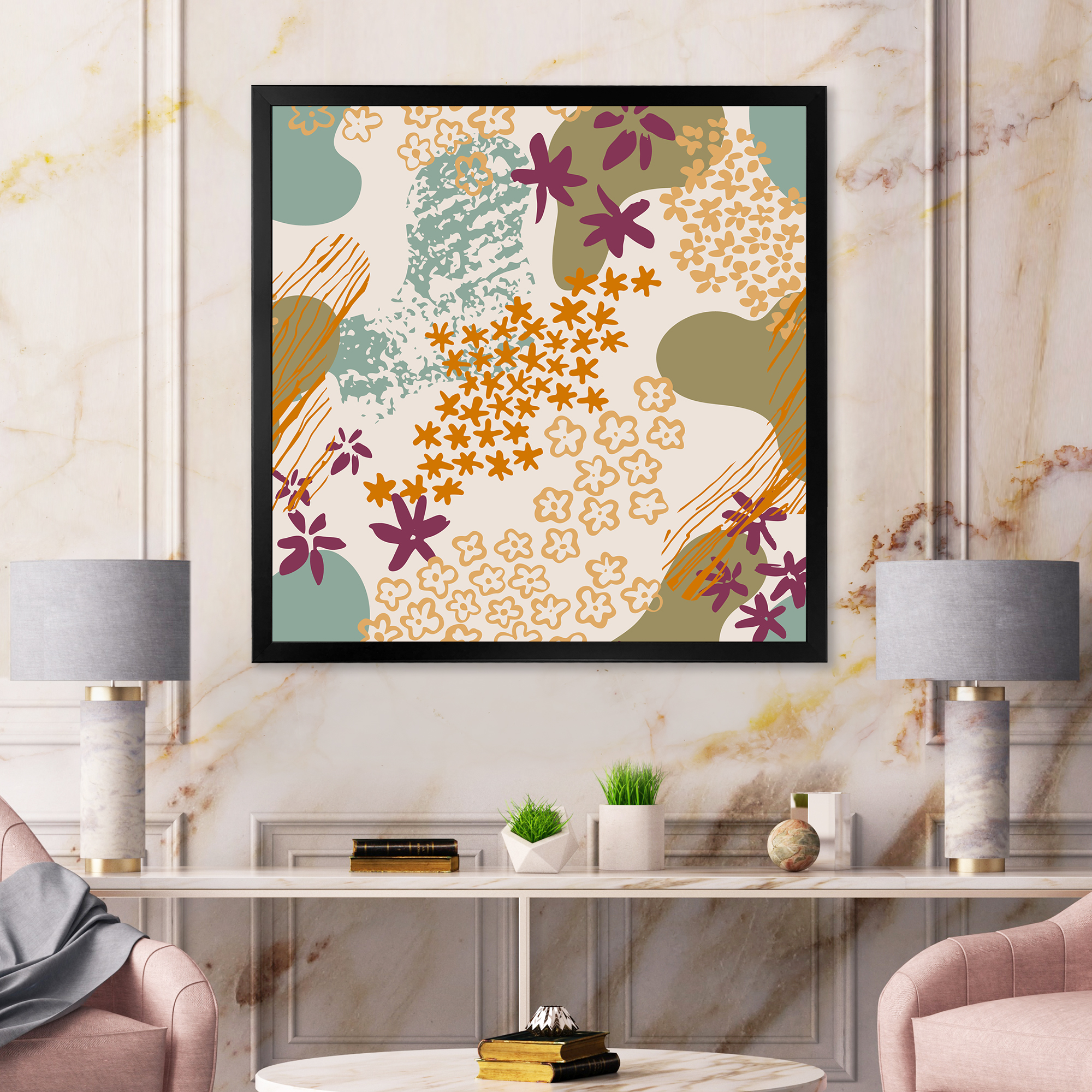 Designart 'Fluid Shapes and Flowers Silhouettes' Modern Framed Art Print