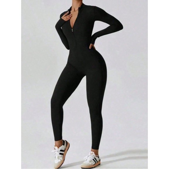 Fashion Zipper Long Sleeve Fitness Overalls Women Sportswear Quick-dry Gym Yoga Jumpsuit Black Sport Set Women One Piece Outfit