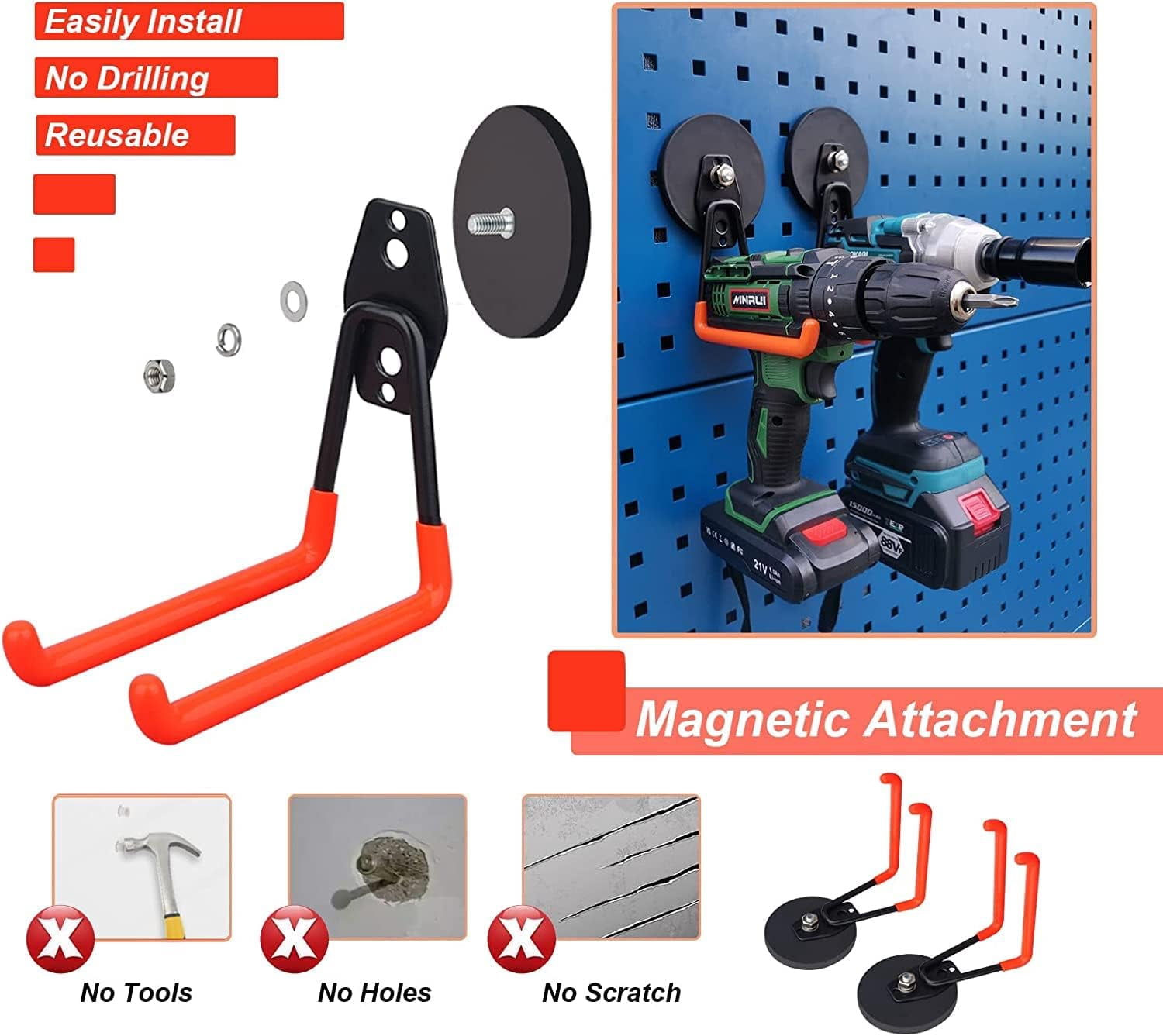 2 Pack Large Heavy Duty Garage Magnetic Hooks Anti-Slip Coated Utility Magnet Tool Organizer for Hanging Garden Hoses Pegboard