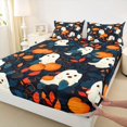 thumbnail image 4 of Homewish Whimsical Halloween Ghost Bed Sheets,Mixed Pumpkin Leaf Print Full Size Sheets,Deep Navy Orange,4pcs,1 Flat Sheet,1 Fitted Sheet and 2 Pillowcases, 4 of 6