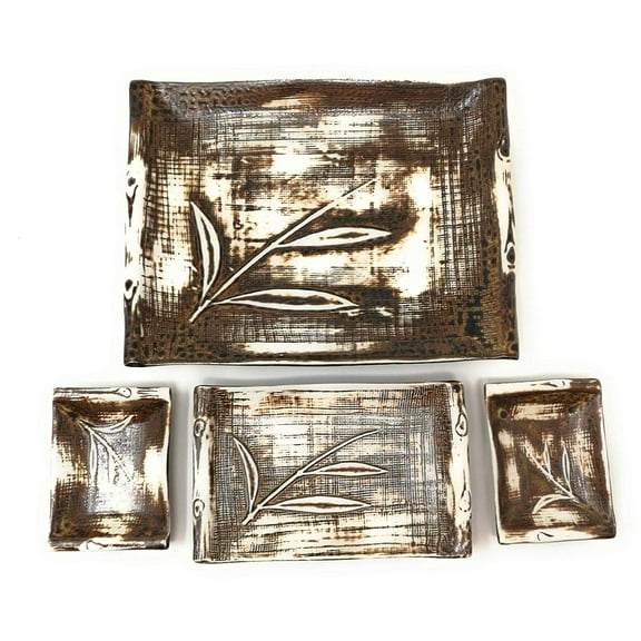 TJ Global Ceramic Japanese Sushi for 2 Set, One Large Plate, One Small Plate, and Two Soy Sauce Dishes with Leaf Design
