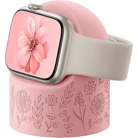 Floral Charger Stand Compatible with Apple Watch Series 9/8/SE2/SE/Ultra2/Ultra/7/6/5/4/3/2/1 (49mm 45mm 44mm 42mm 41mm 40mm 38mm), Silicone iWatch Charging Dock Supports Nightstand Mode, Pink