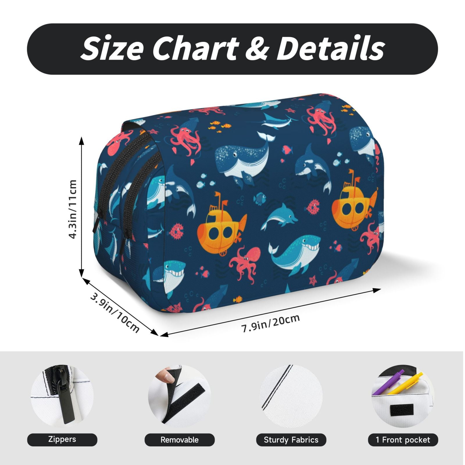 Rateoe Ocean Floor Animals Pattern Double Clamshell Pen Case, Storage Organizer with Two Zipper Compartments– Holds Up to 50 Pencils & Pens