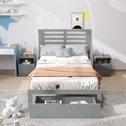 Twin Bed Frame with 2 Drawers, UHOMEPRO Pine Wood Platform Bed Frame Storage Bed for Bedroom, Modern Twin Size Bed Frame with Headboard, Wood Slats Support, No Box Spring Needed, Gray