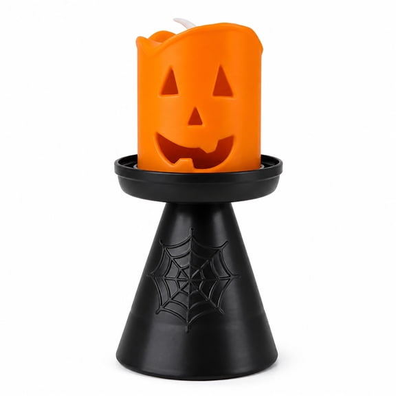 Halloween Pumpkin LED Candle Light, Battery Operated Flameless Candle with Black Stand for Mantel, Party, Indoor Home Decor