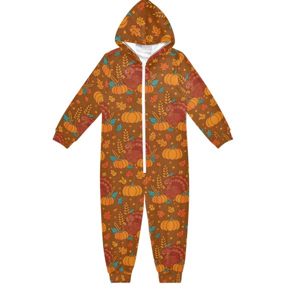Pumpkin Turkey Boys & Girls Hooded One-Piece Pajamas Warm Crystal velvet Hooded Long Sleeve Loungewear Jumpsuit Unisex