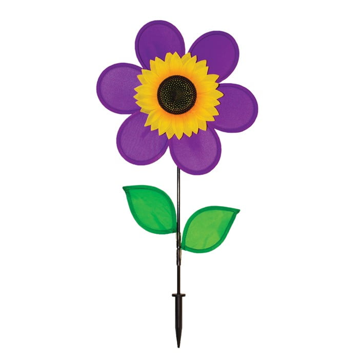 In the Breeze 2775 - 12 Inch Purple Sunflower Spinner with Leaves - Colorful Flower for your Yard and Garden