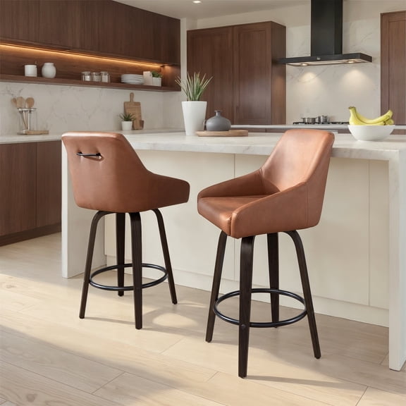 Hannah 26" Transitional Fixed-Height Counter Stool with Swivel in Walnut Glazed Wood and Camel Faux Leather with Round Black Metal Footrest by LumiSource - Set of 2