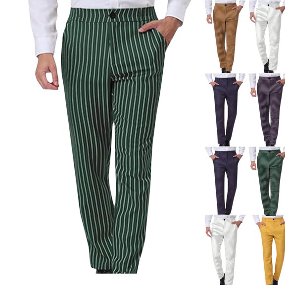 Gamivast Striped Pants for Men Button Elastic Waist Trousers Slim Fitted Stretch Straight Leg Pants with Pockets Fall Trendy Business Casual Outfits Pants