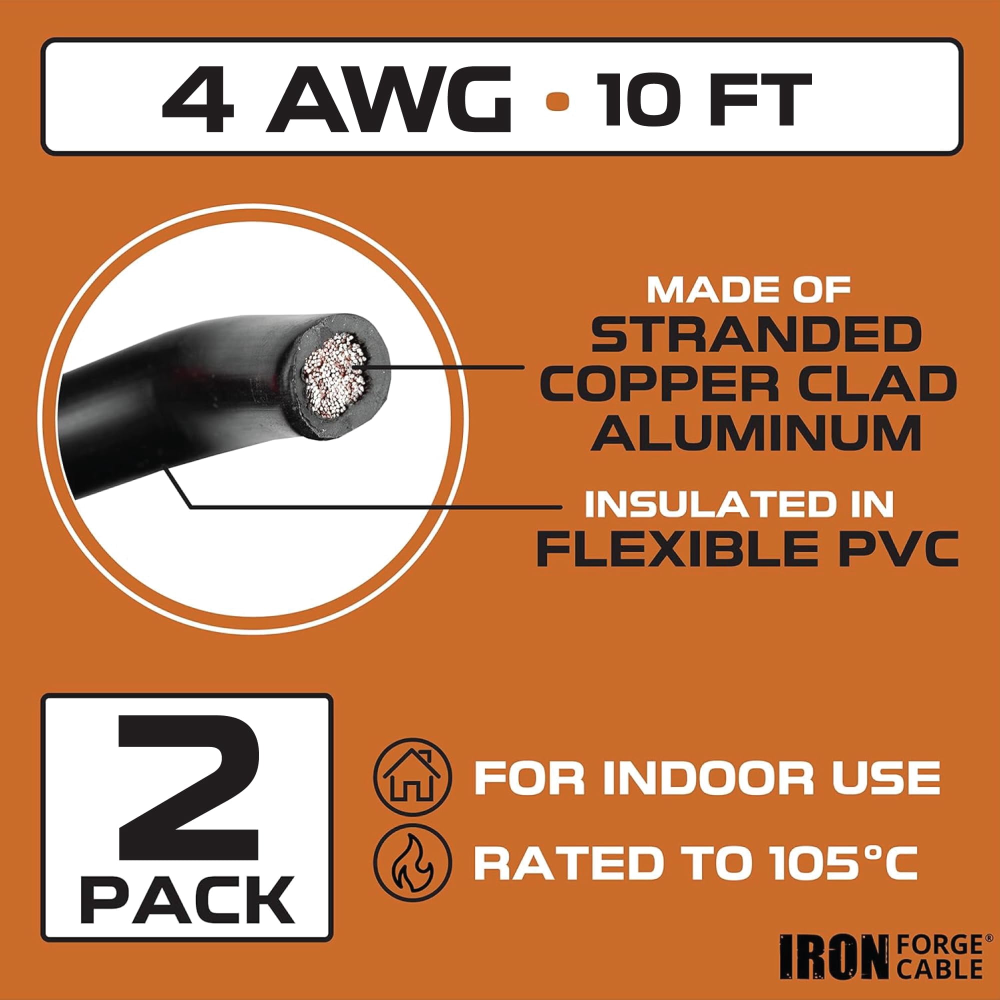 Iron Forge Cable 4 Gauge Wire - 2 Pack 10ft Copper Clad Aluminum Primary Wire - 4 AWG Heavy Duty Cables for Battery or Automotive - 1 Red and 1 Black