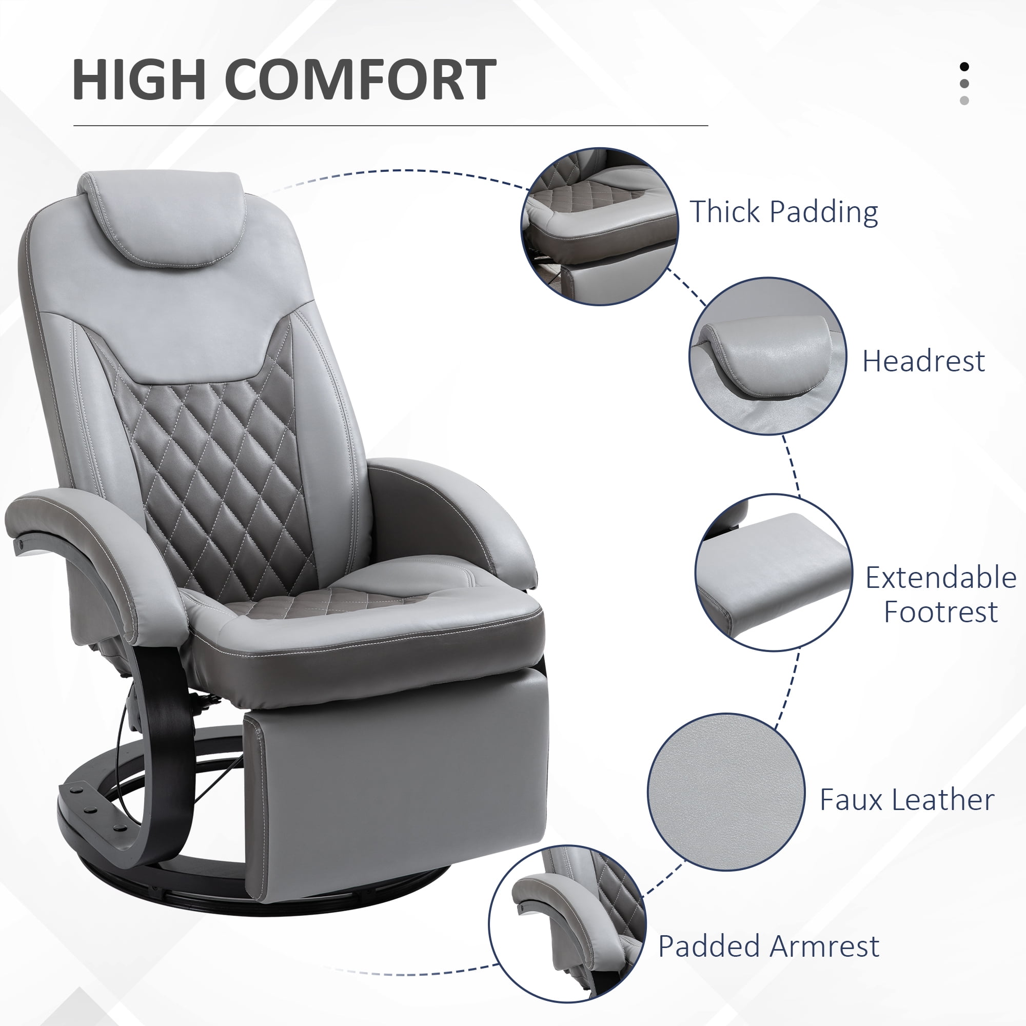 HOMCOM PU Recliner Reading Armchair with Footrest, Headrest and Round Steel/Wood Base for Living Room or Office, Gray