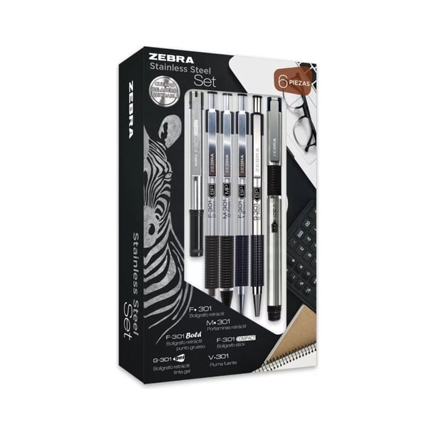 Stainless Steel Set Negro Zebra: Juego de 6 Bolígrafos y Portaminas de Acero Inoxidable