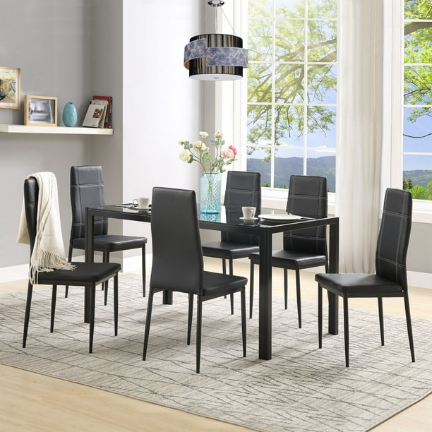 7 Piece Kitchen Dining Table And Chair Set Room With Glass Tabletop Faux 7 Piece Kitchen Dining Table And Chair, Modern Square Dining Table For 6