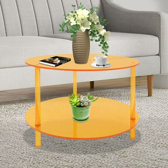 DENEST Modern Acrylic Coffee Table with 2-Tier Design and Stylish Orange Finish