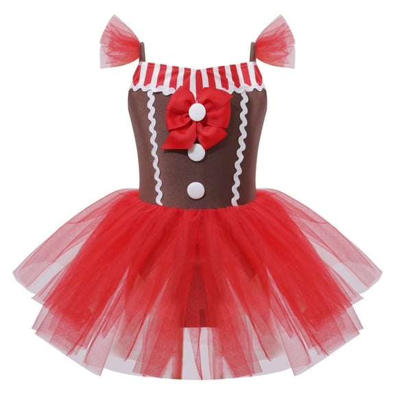 YUUMIN Little Girls Gingrebread Princess Dress Ruffles Sleeve Ballet Leotard Tutu Dress for Holiday Red 4T