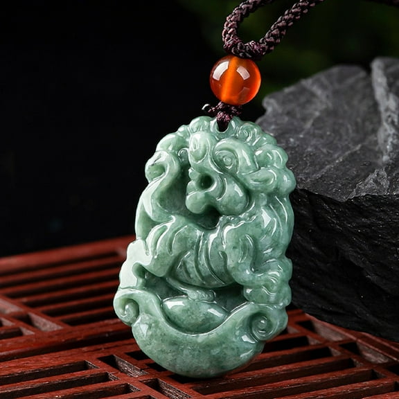 2pcs Natural Jadeite Pendant Necklaces with Resin Bead and Wax Rope the 12 Chinese Zodiac Tiger 24.80 inch(63cm) Pendant: 34x22.5mm