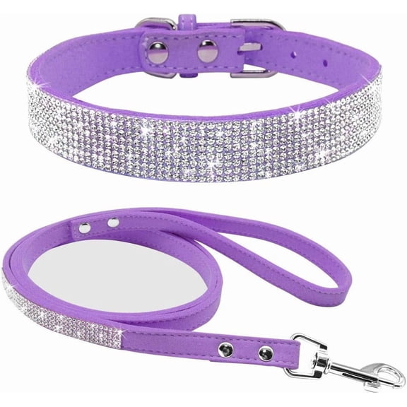 Mumup Rhinestone Bling Leather Dog Collar and Leash Set, Cute Dazzling Sparkling Soft Velvet Dog Cat Collar Crystal Diamond Puppy Collar